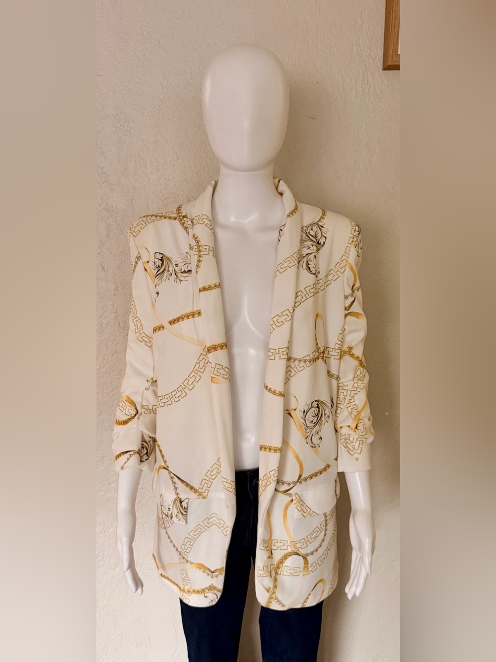Boohoo Cream Jacket with Gold Chain Print